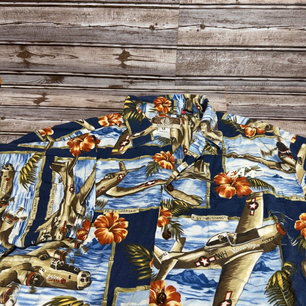 Kalaheo Hawaiian Shirt Mens Size M Blue WWII Warplanes P-51 Mustang Hibiscus USA